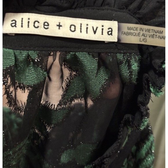 Alice + Olivia Zina Burnout Velvet Sheer Blouse In Black/Emerald Women's Large - Picture 11 of 14